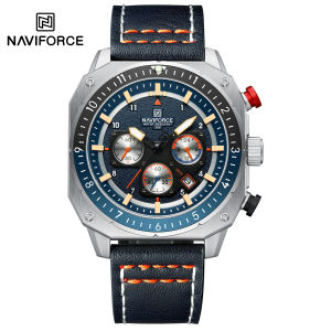 NAVIFORCE นาฬิกานาฬิกาโครโนกราฟ สปอร์ตผู้ชายวันที่เจิดจรัสควอตซ์จับเวลานาฬิกาหนังแท้กันน้ำนาฬิกาข้อมือรูปสี่เหลี่ยม