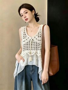 Hollow Sleeveless Tank Top Splicing Chiffon Irregular Loose Fitting