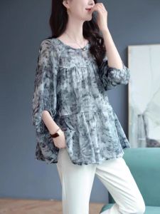 Floral Print Chiffon Top Womens round Neck Loose Belly Covering Slimming Elegant Fashionable Spring 2025 Korean Style Seven Sleeve