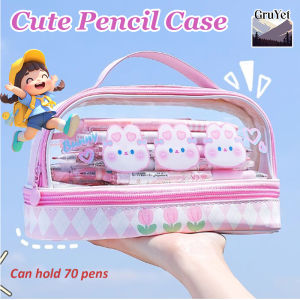 Cute Pencil Case Transparent Kawaii Pencil Case Cartoon Large Capacity Double Layer Pencil Case for School Students