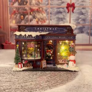 DIY Christmas Book Nook Shelf Insert Wooden Miniature Dollhouse Kit 3D Puzzle Toys Christmas Gift for Adults Kids