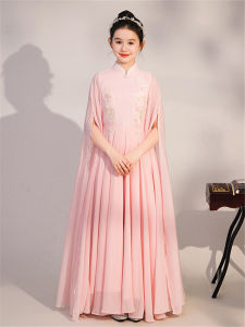 Elegant Pink Guzheng Performance Dress Cheongsam with Water Sleeves for Girls Middle And Large Children Art Exam Performance