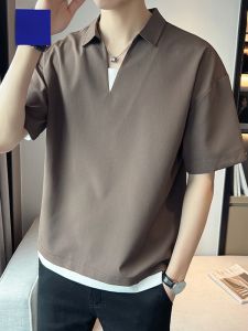 ROMON | Lormen Mens Ice Silk Polo Shirt Summer Thin Short Sleeve V-neck Casual Fashion Standard Fit Business Casual With Collar Top