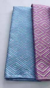 African Brocade Jacqurad Lace Fabric - Deep Blue Diamond Geometric Pattern with Gold Trim Nigerian Lace For Evening Drerss