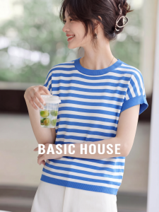 Basic House | Blue Stripe Round Collar Womens Knitted Top Summer Stylish