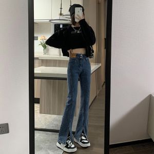 High Waist Bell Bottom Jeans Womens Tall Slimming Long Pants Spring Autumn Shorties Friendly Deep Blue Denim Floor Length