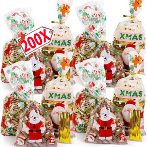 50/100/200 ชิ้น ถุงบรรจุภัณฑ์คุกกี้ใส / ถุงใส่ขนมคริสต์มาส / ถุงบรรจุภัณฑ์พลาสติกลายซานตาคลอส / ถุงบรรจุภัณฑ์อาหารพิมพ์ลายฟิล์มมุกสำหรับงานปาร์ตี้คริสต์มาส งานแต่งงาน ที่บ้าน