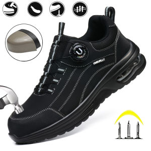 Mens Safety Work Boots Steel Toe Puncture Resistant Kevlar Midsole Air Cushion Black Button Style Industrial Construction Shoes