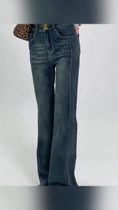 Muuv-It Retro High Waist Deep Blue Micro Flared Denim Jeans Women Perempuan New Horse Hoof Frayed Slimming Long