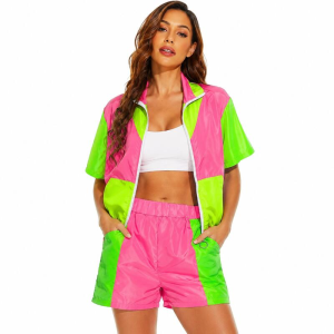 Women Retro 70s 80s Hip Hop Tracksuit Set Color Block Zip Up Jacket Shorts 2 Piece Hippie Outfit for Summer Casual Sportswear
