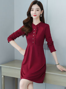 ชุดเดรสยาวแขนยาวสีแดงสำหรับผู้หญิง ฤดูใบไม้ผลิและฤดูใบไม้ร่วง 2025 ใหม่ เอวเข้ารูป กระโปรงทรงเอ กระโปรงสั้น กระโปรงทรงเอ