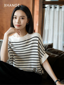 Striped Color Block Off-Shoulder Batwing Short Sleeve Knit Top