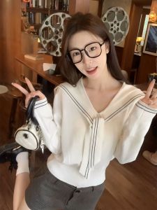 Naval Collar Knitted Sweater Womens Fashion Autumn 2025 Short Style Inner Wear Base Shirt Soft Polyester Long Sleeve Breathable