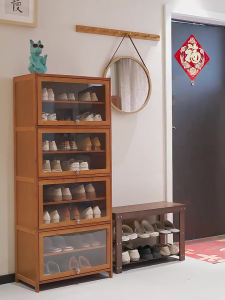 Bamboo Shoe 3/5/7/9/11 Layers Cabinet Rak Kasut Bertutup Transparent Cover Acrylic Flip Door Shoe Cabinet Lady Bag Organizer Storge Box 鞋柜包柜储物柜