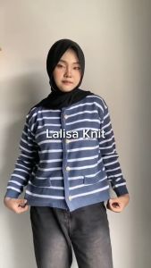 Lalisa Knit Cardy Premium Cardigan Strip Wanita Bahan Rajut Tebal