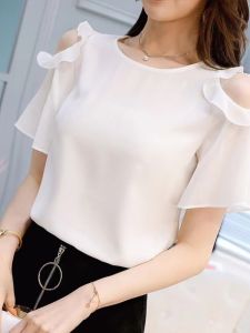 เสื้อเชิ้ตผ้าชีฟองคอปกสุดหรูหราสำหรับฤดูร้อนปี 2024 เสื้อเชิ้ตผู้หญิงคอปกสั้นแขนสั้นทรงหลวมสไตล์เกาหลี