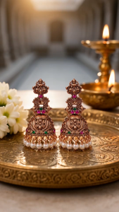 [SG] Majestic Lakshmi Peacock Jhumka Earrings | Antique Copper Look | Goddess Lakshmi Inspired | Pink & Green Stone Accents | White Pearl Drops | Traditional Indian Temple Jimikki Earrings | ear me out (EMO-420)