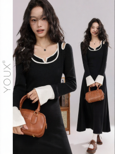 YOUXIANG | Đầm Dài Phong Cách Hepburn Màu Khối Cho Nữ