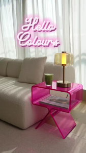 [Sg Seller Stock] Acrylic bedside tables with X-shaped legs. Transparent design in pink black blue orange and clear. Suitable for holding lamps drinks headphones phones and decorative items. Modern minimalist style.