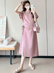 MAMABENSE | Purple Lightweight Casual Short Sleeve Round Neck Maternity Dress A-line Skirt Medium-length