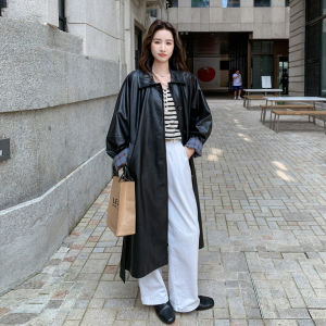 Black PU Leather Jacket Womens Long Style Autumn New Fashion Retro Hong Kong Style Casual Outerwear Elegant Quality Coat