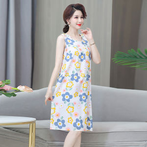 Loose Cotton Silk Midi Dress for 50 Year Old Women Summer Comfortable Long Skirt Korean Style Commute Flower Pattern
