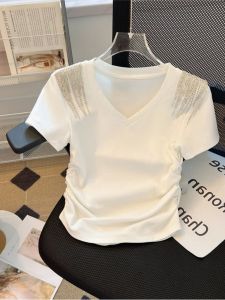 Counter Mall Withdraw Big Brand Womens Clothing Heavy Industry Rhinestone Short-Sleeved T-shirt Womens Summer Small Waist Trimming Short Tops