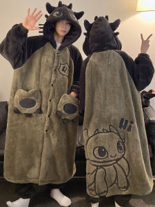 Cute Cartoon Coral Fleece Long Pajama Set Couple Sleepwear Hooded Outerwear Home Clothes plus Size Comfortable Winter Nightgown