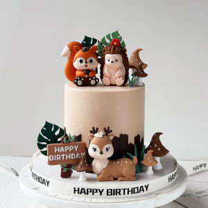 Forest Cake Decoration Jungle Squirrel Hedgehog Sika Deer Mushroom Leaves Stump for Kids Happy Birthday Cake Topper Wild One