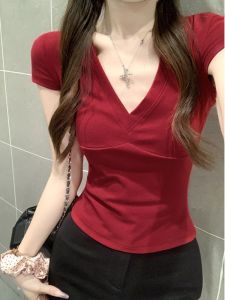 Spicy Girl Design Sensation Wine Red V-neck Short Sleeve T-shirt Slimming Short Style Top for Women Summer Cotton Blend