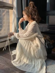 French Tea Break White Long Sleeve Dress Womens Spring Autumn Slimming New Sweet Gentle Pleated Long Dress Commute Style High Waist A-Line Skirt