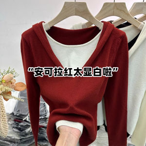 Korean Style Color Block Knitted Long Sleeve Hoodie Womens Fashionable Sweatshirt Inner Wear Top Fake Two-Piece Ensemble