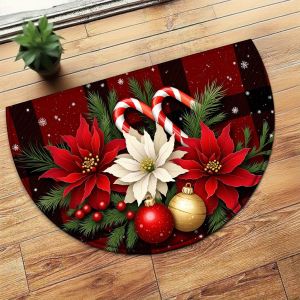 VIKAMA Christmas Themed Semi Circular Entrance Doormat Red And Black Tartan Poinsettia Festive Motif Rug Christmas Decoration