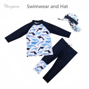 Boys Rash Guards Long Sleeve Swimsuit for Kids with Sunny Hat Two Pieces Swimwear for Children 2-10 Y with Whales Pattern Swimming Outfit Kids Boy Swimwear for Baby