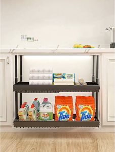 Extendable Premium Kitchen Cabinet Pull out Rack / With Dish Rack - No Punching Hole Required (New & Ready Stock)
