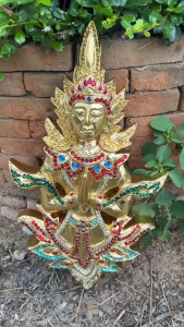 เทพพนม ไม้จามจุรีแกะสลัก ปิดทองคำเปลว (สูง 18 นิ้ว) แผ่นไม้แกะสลักติดผนัง งานฝีมือไม้แผ่นเดียว ตกแต่งวัด ห้องพระ โรงแรม สปา