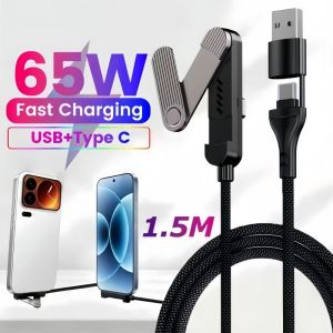 90°Elbow USB A To Type C Braided Cable With Rotate Foldable Phone Holder For iPhone17 Samsung PD 65W Fast Charging Data