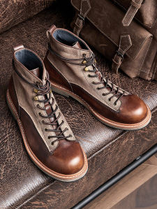 Bambadiron High-Heel Martin Boots Mens Leather Work Shoes with Lace-Up Closure Rubber Sole and Velvet Upper Material