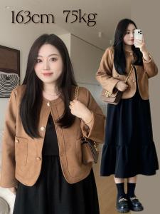 เสื้อแจ็คเก็ตสั้นผ้าหนังสัตว์แบบมีฮู้ดสำหรับผู้หญิง ทรงหลวม ปกติ แขนยาว ปกคอกลม สไตล์เรโทร เสื้อผ้าทำงาน ฤดูใบไม้ร่วง 2025