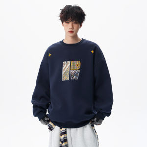 WUKONGYOUHUO | Áo Hoodie cổ tròn form rộng thêu chữ vintage