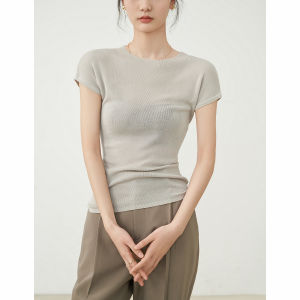Gray Ice Silk Short Sleeve Knitted T-Shirt Womens Summer Slim Fit Thin Design Sense Small Audience Tight Body Shaping Top