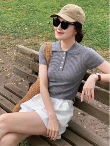 Slim Fit Ice Silk Polo Neck Short Sleeve T-Shirt Womens Summer Fashion Small Size Knitted Top Shoulder Width Regular Pure Color