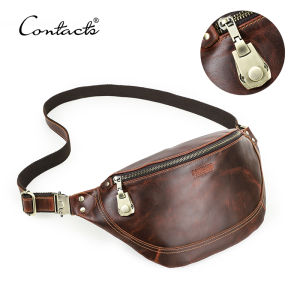 CONTACTS Genuine Leather Waist Bags for Men Lock Design Retro Waist Packs Belt Bags Male Chest Bags Phone Pocket Men Travel Bags