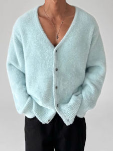 DAVID&ME | Blue Mens V-neck Loose Sweater Cardigan Light Weight