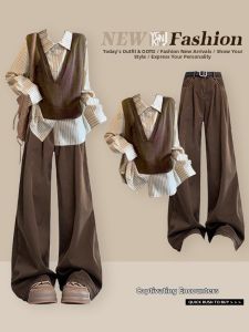 YINGKETUO | Commuter Style Korean Set Striped Shirt and Knit Vest with Wide-leg Pants Winter