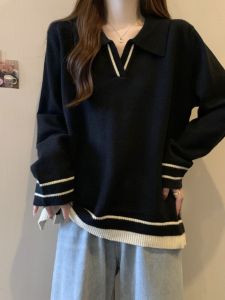 Áo Len Dệt Kim Cổ Polo Cỡ Lớn Cho Nữ Mùa Xuân Thu Dáng Rộng Vừa Vặn Tay Dài Vai Thường Ngày Áo Len Cổ Tròn