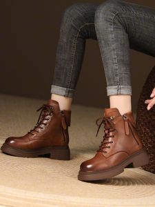 British Style Martin Boots Womens Genuine Leather Thick Bottom Short Boots round Head Single Boot Spring Autumn Season