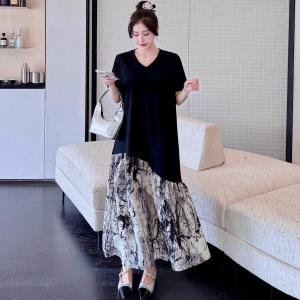 plus Size Summer Loose Fit Short Sleeve Dress Womens High Waist A-Line Long Dress Slimming Effect Pear Shape Print Gown