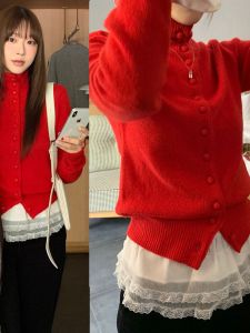 Red Knitted Sweater Womens Autumn Winter Korean Style Stand Collar Single Button Open Cardigan Christmas New Years Sweater