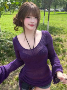 YUEZHONGWEI | Purple Lace-Up Ice Silk Knitted Sunshade Cover Up Shoulder Bared Summer Thin Outerwear For Women Commute Style Korean Fit V-Neck